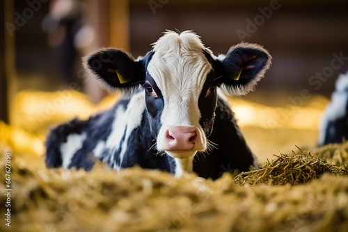 A newborn black and white calf lies in a haystack.
