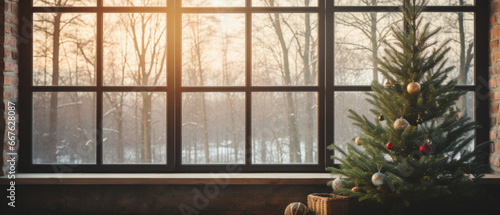 Christmas tree in a room with a big window. New Year concept. © Synthetica