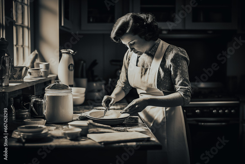 Ancienne photographie d'une femme dans sa cuisine en 1960 photo