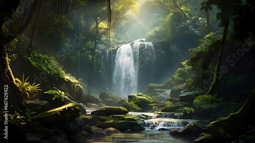 Waterfall in the deep forest. Panoramic image of a waterfall.