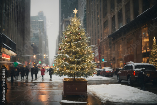 Christmas tree on a street in a big city on a snowy day © israel