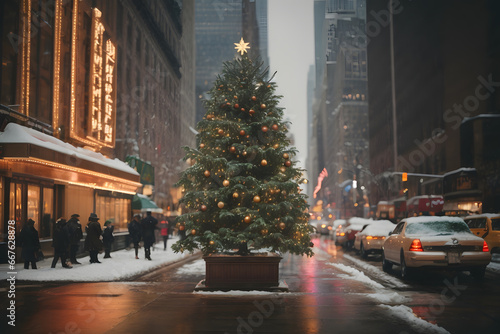 Christmas tree on a street in a big city on a snowy day © israel