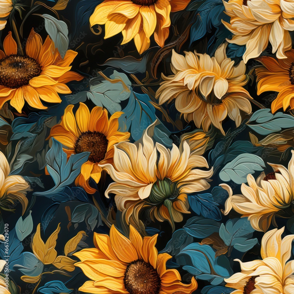 sunflowers seamless pattern, yellow sunflowers and green leaves pattern design.pattern for wallpaper or fabric