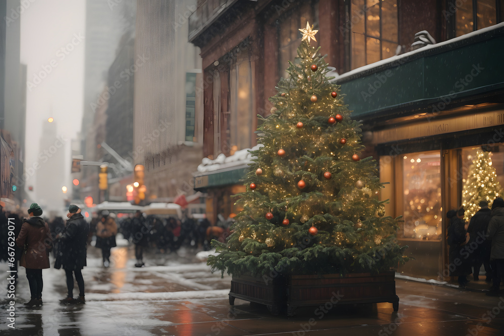 Christmas tree on a street in a big city on a snowy day