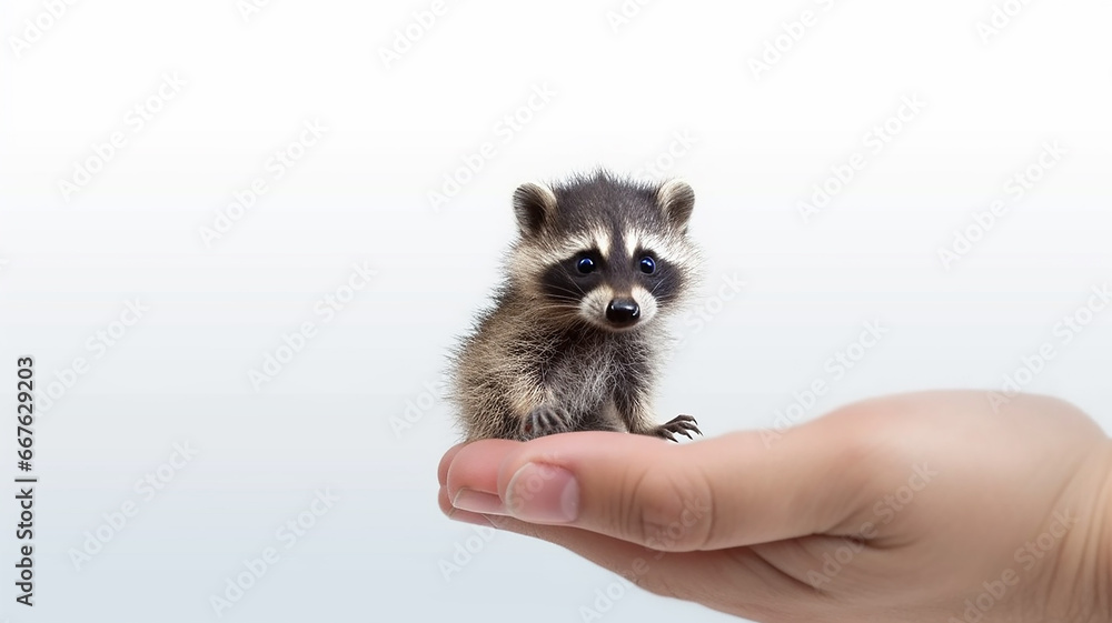 the smallest raccoon in the palm of your hand. . the concept of nature protection on a white background the smallest raccoon in the palm of your hand. . the concept of nature protection on a white background