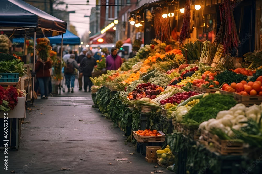 A wide shot of a market stall full of fresh fruits and vegetables