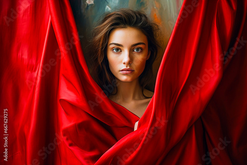 Jeune femme se cachant derrière un rideau rouge