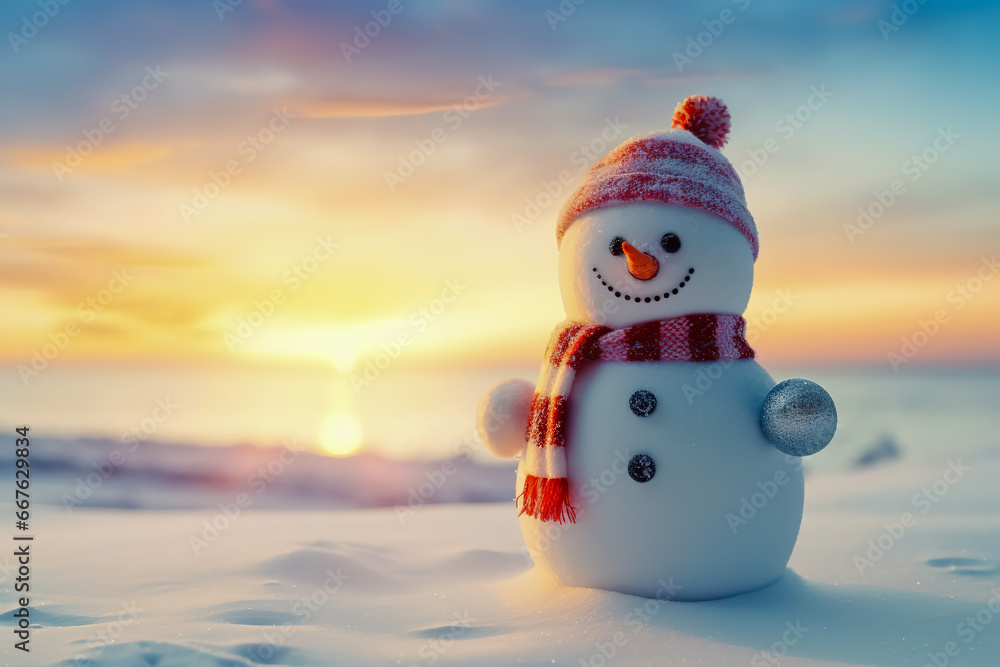 Obraz premium A snowman in winter. Elegant New Year's Eve celebration postcard.