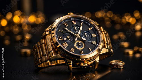 A gold designer watch against a black background photo