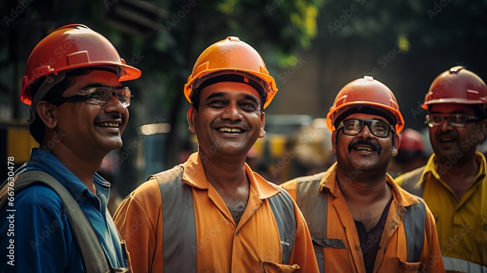 Joyful construction crew in uniforms with beaming smiles at worksite Joyful construction crew in uniforms with beaming smiles at worksite