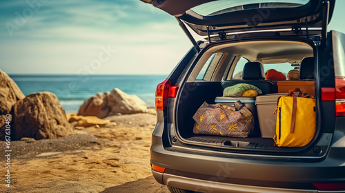 A car with an open trunk with many things and suitcases is standing on the beach by the sea.