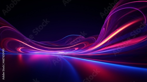 Abstract neon background with glowing lines and floor reflection. 3d render of a dynamic ribbon in a dark room. Energy concept wallpaper.