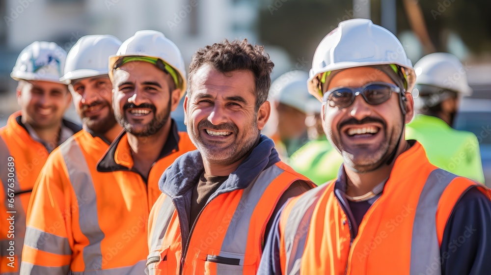 Happy and diverse construction workers in uniform posing together at a building site Happy and diverse construction workers in uniform posing together at a building site