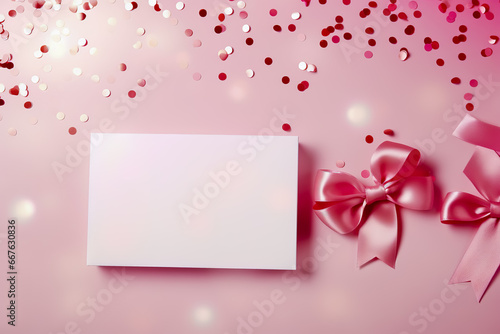 Greeting card with space for text in pink colors and bow. © leo_nik