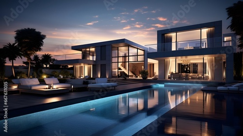 Modern villa with swimming pool at sunset. Panoramic image © Michelle
