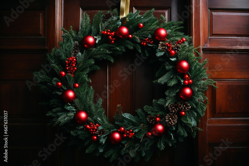 GREEN CHRISTMAS WREATH WITH RED WITH BEAUTIFUL SHINY BALLS, HANGING ON A DARK WOOD DOOR, generative  IA