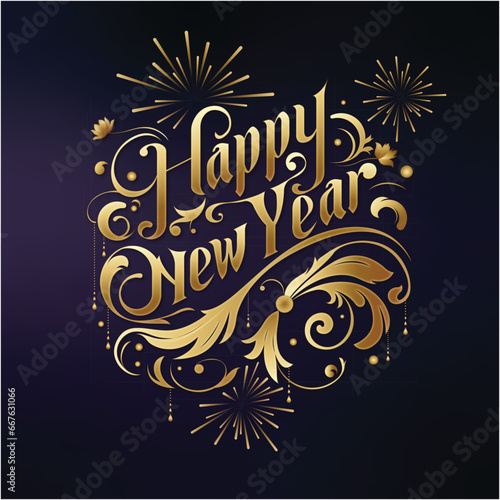 Text effect gold black modern luxury Happy New Year with fireworks
