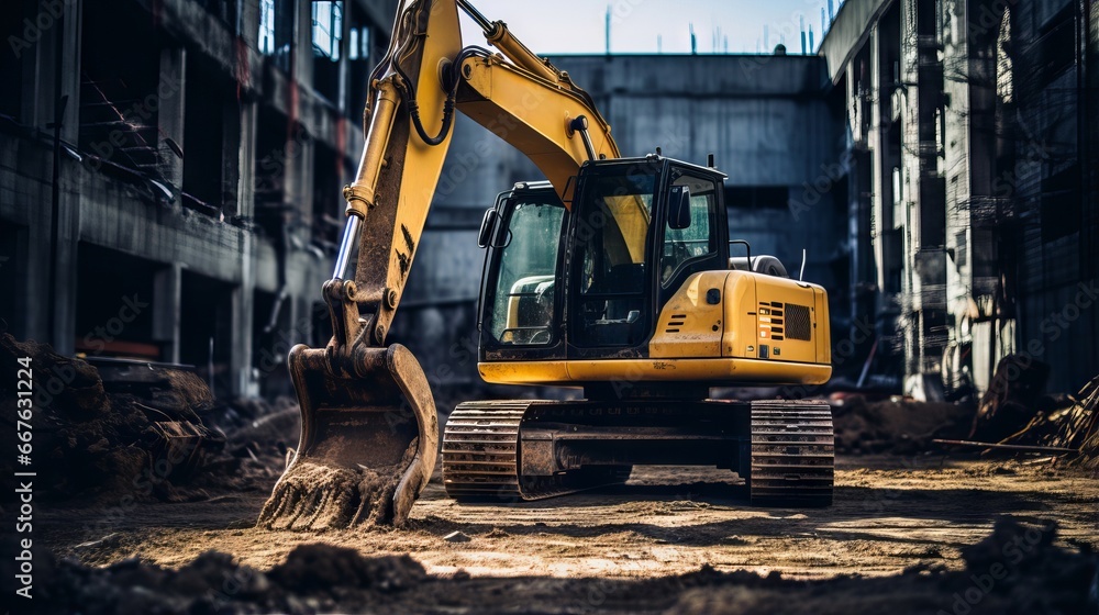 A working excavator on a construction site with a blue sky background