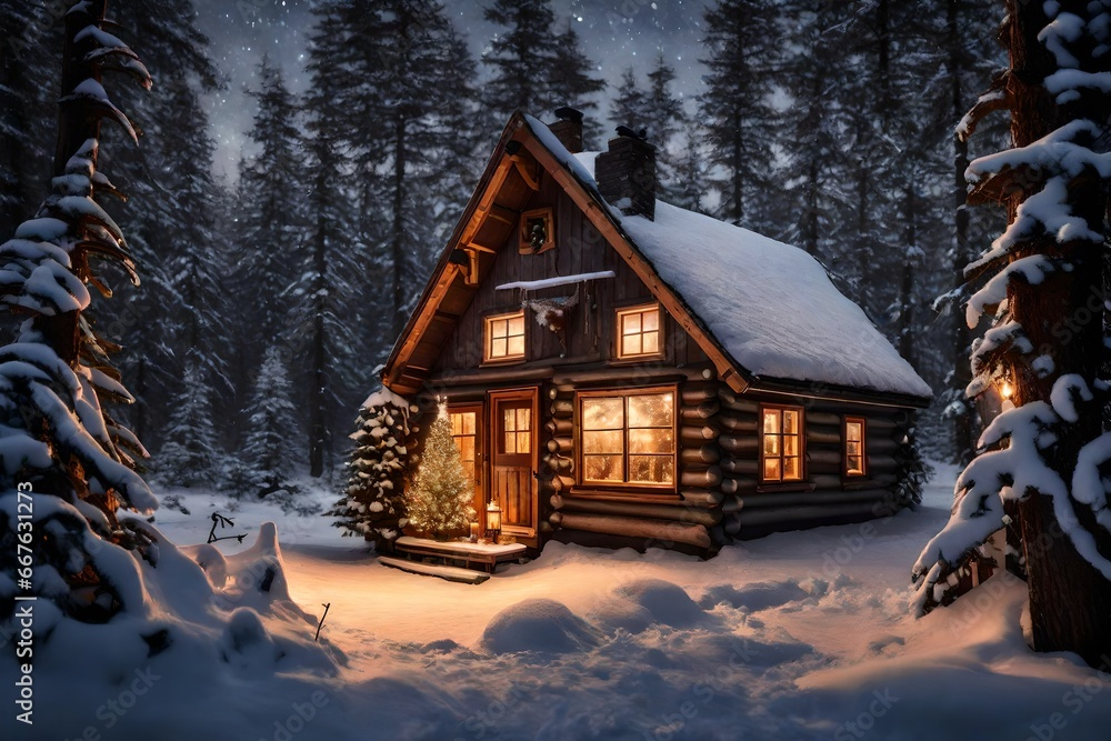 A cozy, snow-covered cabin in the woods with a glowing Christmas tree in the window.