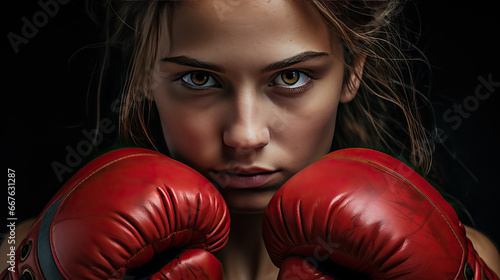 woman with Red. boxing gloves © Jean Isard