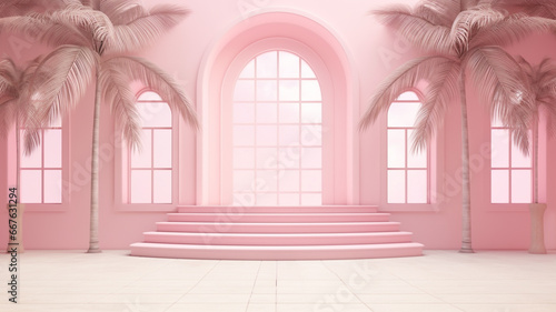Pink arched doors and coconut tree decorations on the stairs