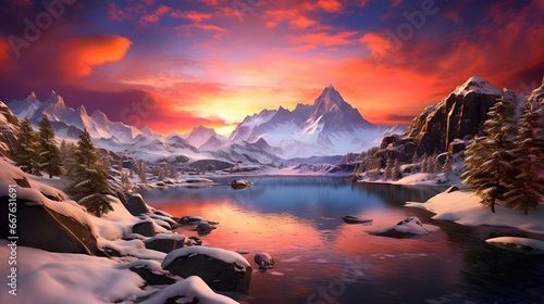 Beautiful panoramic view of the snowy mountains and lake at sunset