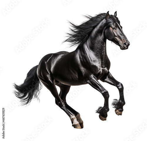 Black horse running isolated on white - transparent background PNG