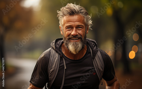 uśmiechnięty mężczyzna z brodą biegnący przez park