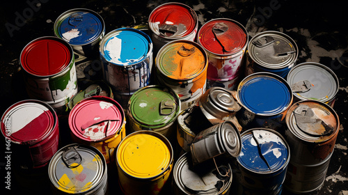 Paint Cans Waste. Old Paint Cans. Household hazardous waste. photo