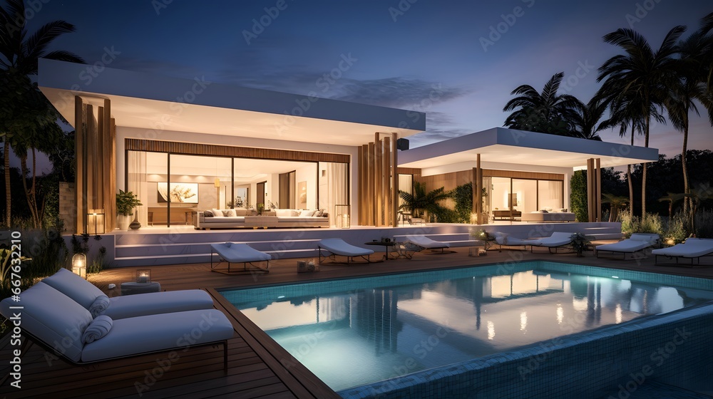Luxury villa in the tropics with swimming pool at night