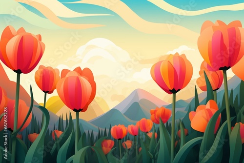 Illustration of tulips and a landscape with sky. Generative AI #667632228