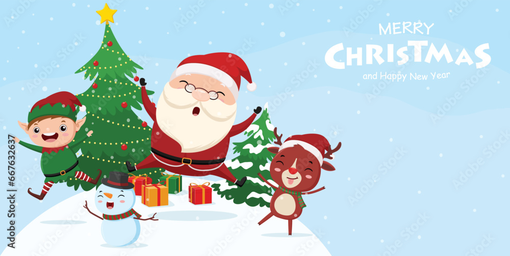 Merry Christmas and happy new year banner with cute Santa Claus, elf, snowman and deer cartoon Merry Christmas and happy new year banner with cute Santa Claus, elf, snowman and deer cartoon