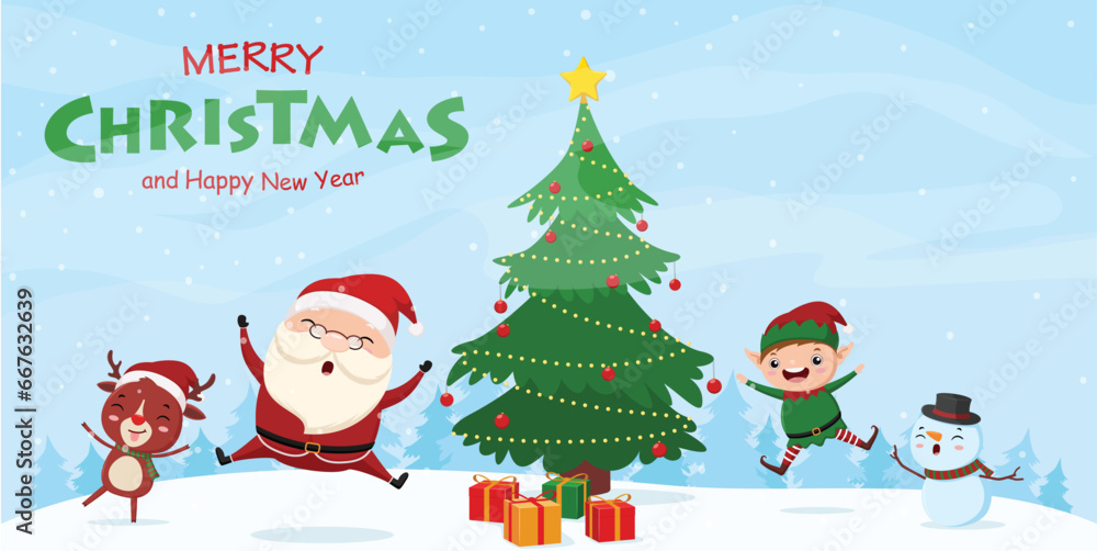 Merry Christmas and happy new year banner with cute Santa Claus, elf, snowman and deer cartoon