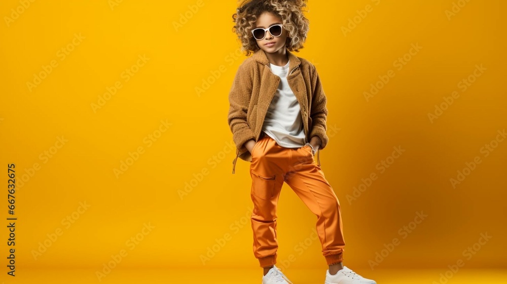 Child fashionista posing on yellow background Child fashionista posing on yellow background