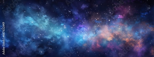 Night sky with stars. Universe filled with clouds  nebula and galaxy. Landscape with gradient blue and purple colorful cosmos with stardust and milky way. Magic color galaxy  space background