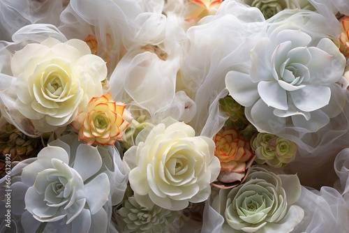 Close-up image of mixed succulent plants with white translucent fabric. Generative AI