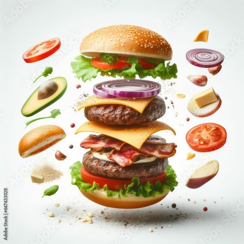 AI generated illustration of a delicious cheeseburger with layers of sliced vegetables and meat