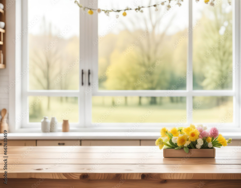 Kitchen table with small flowers and copy space with large window