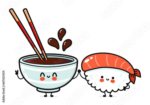 Sushi and soy sauce character. Vector hand drawn cartoon kawaii characters, illustration icon. Funny cartoon happy Sushi and soy sauce friends