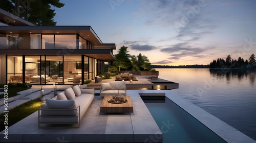 Luxury house on the lake with swimming pool at sunset. © Michelle