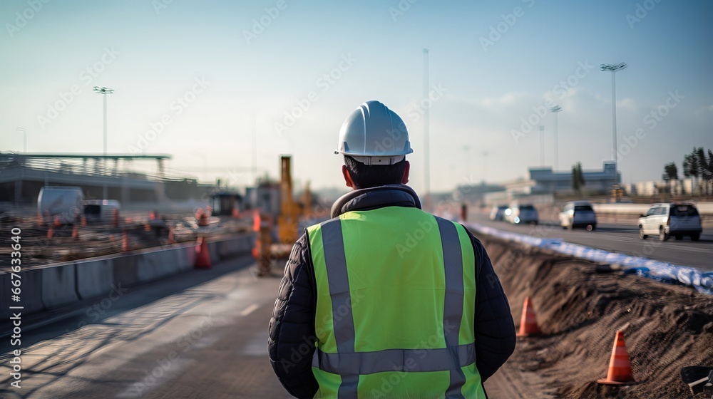 Civil engineer inspecting road construction work and supervising expressway project - obrazy, fototapety, plakaty 