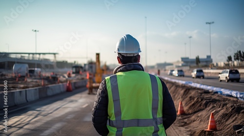 Civil engineer inspecting road construction work and supervising expressway project