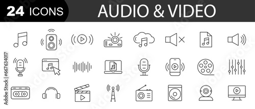 Audio and Video web icons. Cinema, play button, voice, radio, music. Vector illustration