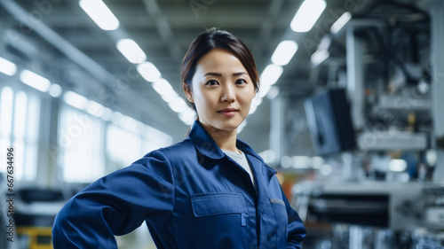 Portrait of asian smiling female auto mechanic standing with arms crossed in auto repair shop.  photo