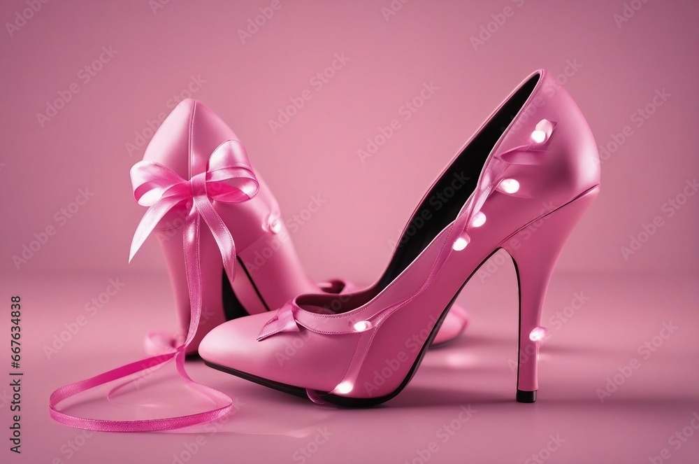 Breast cancer awareness month in October. Breast cancer pink ribbon on black high heel. Breast cancer awareness month in October. Breast cancer pink ribbon on black high heel.