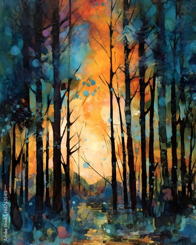 Sunset in the autumn forest. Watercolor painting on canvas.