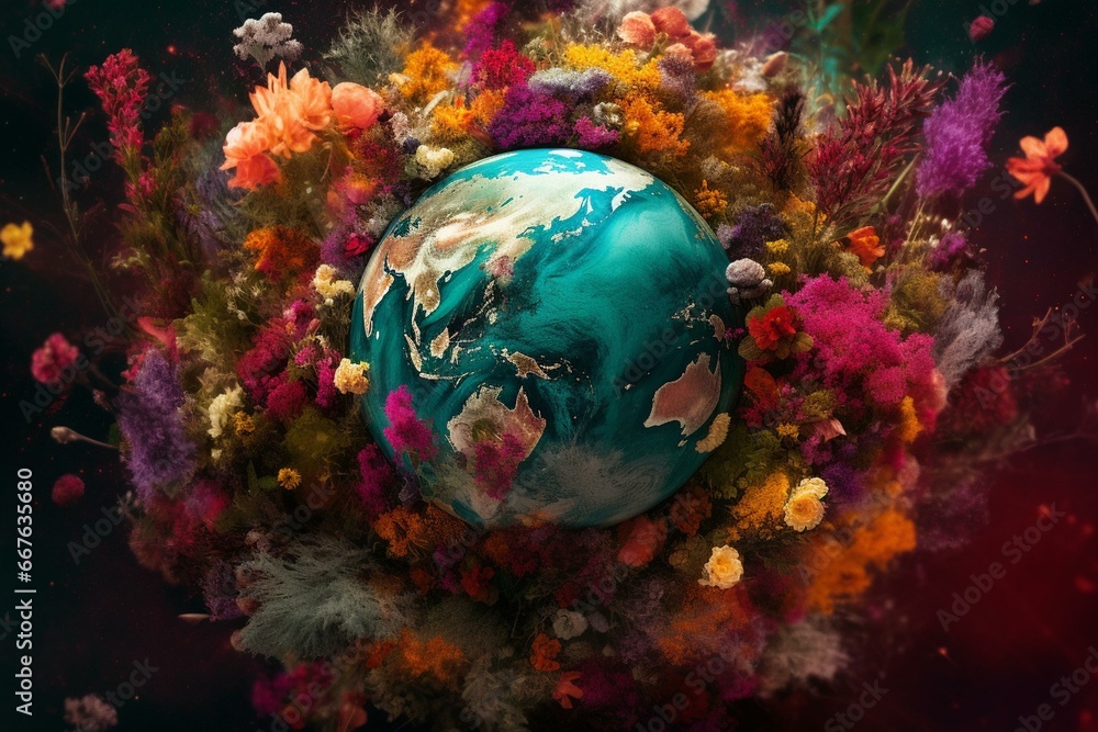 Earth surrounded by vibrant floral colors. Generative AI
