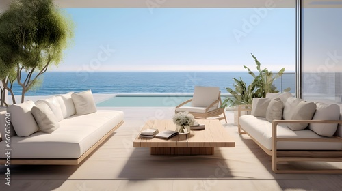 Panoramic view of modern living room with swimming pool and sea view © Michelle