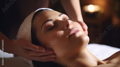 A young woman at a cosmetologist's appointment enjoys a massage in a spa salon. The hands of a cosmetologist perform a facial massage. Medicine and cosmetology concept. Healthy skin.