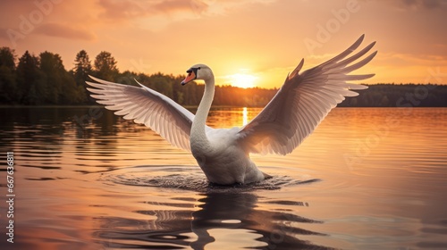 Fototapeta Naklejka Na Ścianę i Meble -  Graceful swan at Sunset